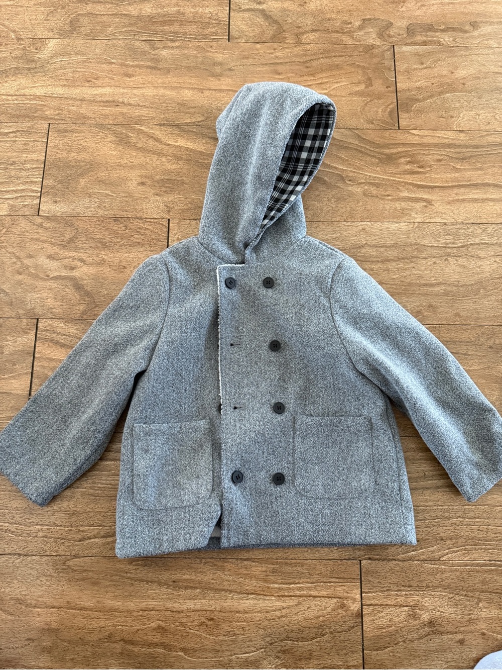 SHEIN Gray Hooded Double-Breasted Kids Pea Coat